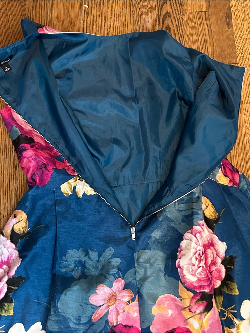 Roz & Ali Formal Teal Navy Floral Midi Cocktail Dress with Pink Blooms - Picture 8 of 11